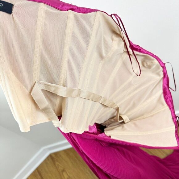 Carmen Marc Valvo Silk Strapless Fuchsia Gown With Ruffle Detail Pleated Skirt 4 - Picture 11 of 12